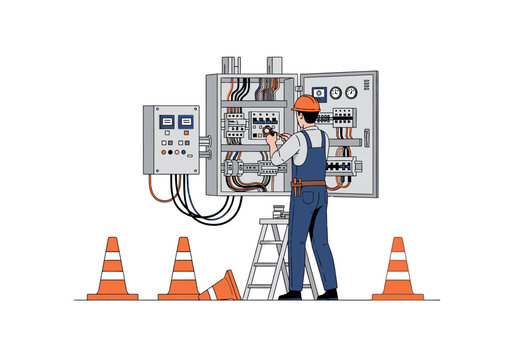 A worker in overalls and a hard hat repairs an electrical panel with caution cones around.