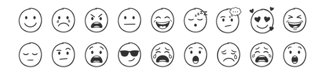 collection of hand drawn emotional faces line art icons, facial expression symbols set on transparent background