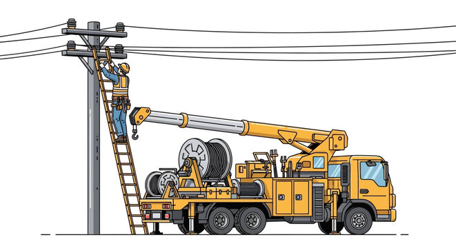 A worker uses a crane truck to repair power lines on a pole
