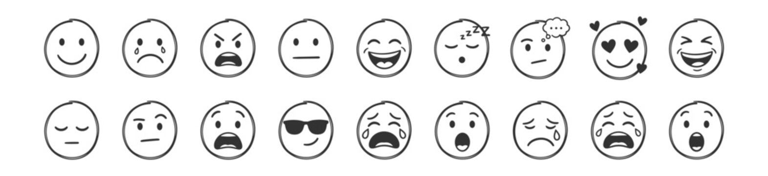 collection of hand drawn emotional faces line art icons, facial expression symbols set on transparent background