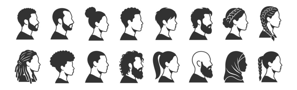 silhouettes of diverse male and female hairstyles and head profiles on transparent background