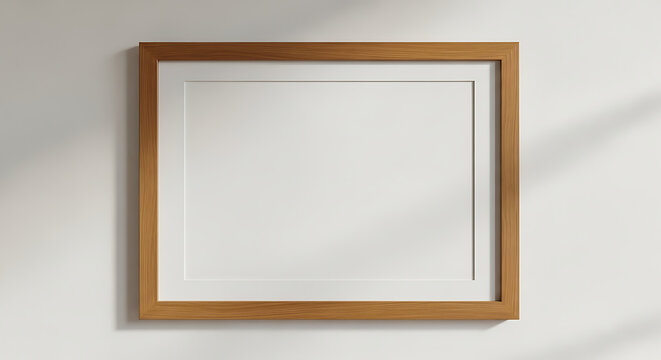 Empty wooden picture frame on minimalist white wall background