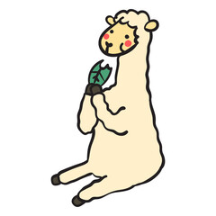 Naklejka premium Cute llama sitting eating leaf
