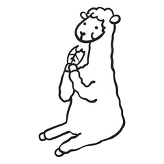 Naklejka premium Cute llama sitting eating leaf outline