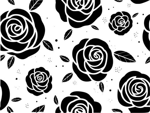 Seamless Black Rose Pattern White Background with Scattered Leaves and Dots floral