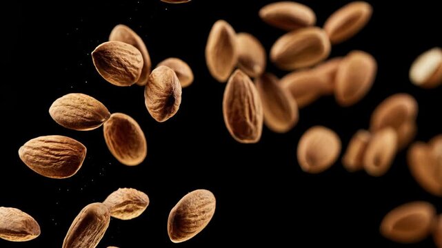 Slow motion footage of crunchy brown almonds falling through the air against a black background, showcasing dynamic movement, healthy snack concepts, and organic nut textures.