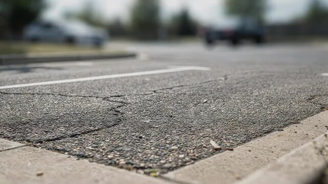 Crisp focus on a paved parking spot being occupied with the driveway and distant cars softly blurred to emphasize depth.