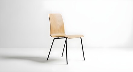 Fototapeta premium Modern Plywood Side Chair with Black Metal Legs, Minimalist Bentwood Dining Chair Isolated on White Background for Interior Design Mockups
