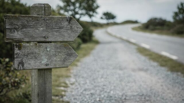 Focused capture of a directional signpost showing multiple campsite arrows on a gravel path with the winding road softly blurred in the distance.