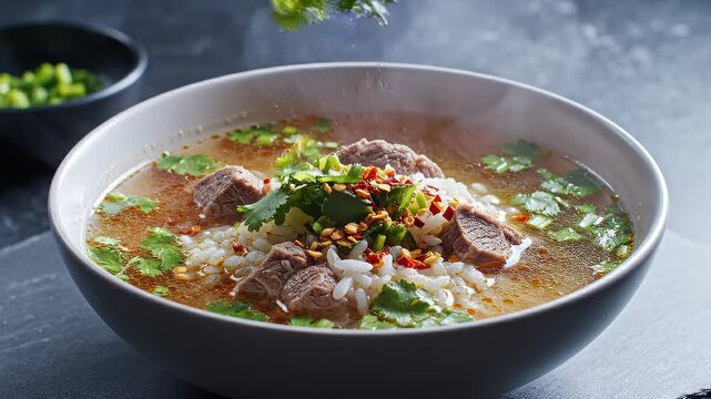 Close-Up of a Bowl of Hearty Beef and Rice Soup Garnished With Fresh Cilantro and Chili Flakes