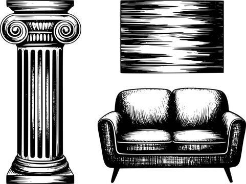 Vintage Ionic Column Sofa and Abstract White Background couch furniture