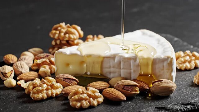 Honey Dripping Onto Wedge of Brie Cheese Surrounded by Assorted Nuts