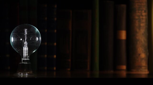 Rotating left align Crookes radiometer light mill with gold reflections on bookshelf background, start-stop motion, cinematic warm lighting, left copy space