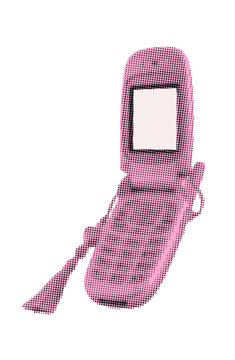Trendy pink Y2K flip phone with strap lanyard. Retro 2000s mobile telephone device. Vintage pop art halftone collage vector illustration for teenage aesthetic poster, girly sticker or magazine zine.