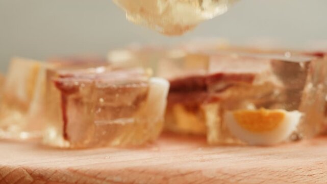 Meat aspic, slavic food, Traditional Russian pork meat aspic Kholodets with horseradish, mustard, jellied jelly beef, eating in restaurant chicken tasty dish. Close up on kitchen. 