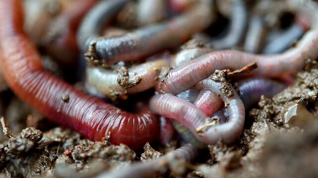Close-up of wriggling earthworms in damp soil. Red and pink worms move through textured earth. Focus shifts softly between intertwined bodies. Natural movement highlights life beneath surface