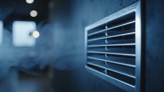 Air vent, ventilation duct. Indoor ventilation grille, air vent or air register, releasing a visible stream of cool air into a room. HVAC, heating, ventilation, and air conditioning. 