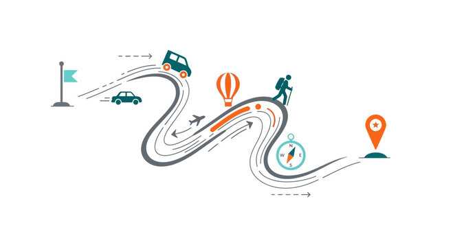 Journey and Adventure Vector Illustration: Path, Travel, Destination, and Transportation Icons