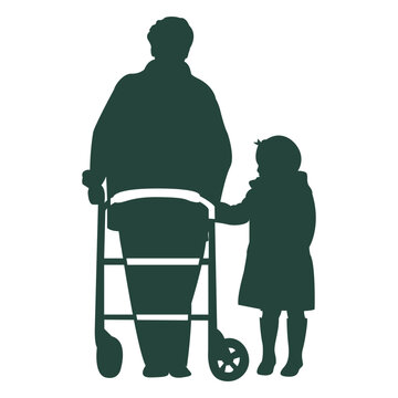 Elderr walker kid walking silhouette