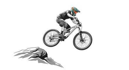Obraz premium Mountain biker in full gear jumps over a rock obstacle on a white background