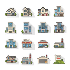 Fototapeta premium Diverse Building Collection: Houses, Offices, Factories, and Real Estate