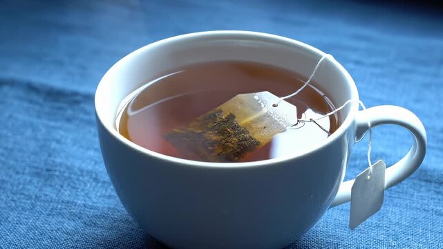 Steaming Hot Tea Bag Brewing in a White Cup on a Blue Textured Surface