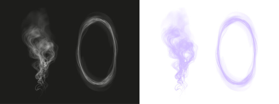 Set of realistic smoke effects including swirling plume and circular smoke ring. Soft, semi-transparent vapor isolated on dark background, ideal for visual effects, overlays, and creative compositions