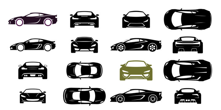 Set of sports car silhouettes in various views including side front back and top perspective Sports car silhouette on white background. Vehicle icons set view from side, front, back, and top 