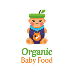 Fototapeta premium Cute cartoon baby character logo for organic baby food brand. Adorable infant with green hat and blue outfit, symbolizing natural, healthy nutrition.