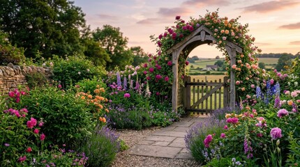 Fototapeta premium Charming garden archway overflowing with roses and wildflowers at sunset