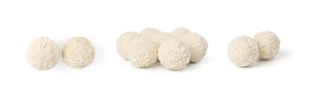 Coconut candies isolated, coco balls set. White truffle ball, indian ladoo or laddu with sweet cream