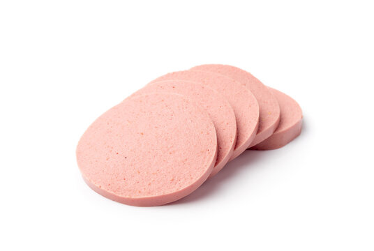 Mortadella Slice Isolated, Luncheon Meat Cut, Chicken Ham, Boiled Sausage for Breakfast