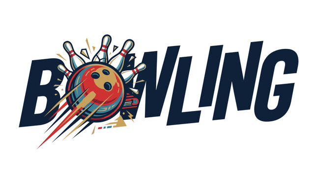 Explosive bowling typography with ball crashing through letters in dynamic high impact design on white background. Concept of energy burst, powerful motion, sport excitement and bold modern branding