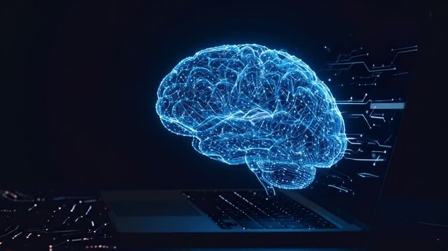 Digital brain illustration with glowing blue circuits on a laptop keyboard.