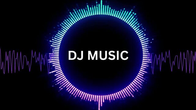 A vibrant colorful equalizer forms a dynamic circle around "DJ MUSIC" on a black background.