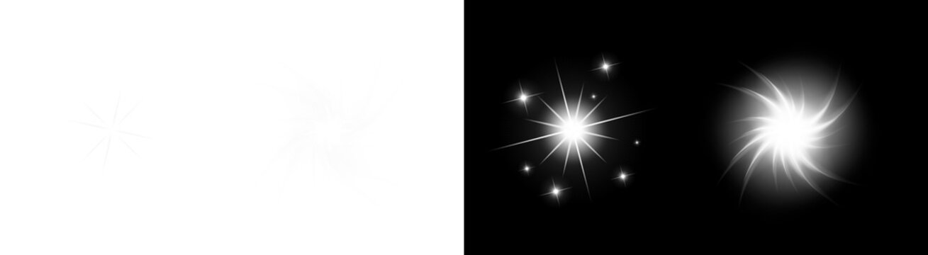 PNG image of&nbsp;Collection of bright white starburst and swirling lens flare light effects vector elements on transparent background