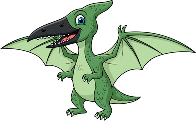 Obraz premium Cute Cartoon Pterodactyl Dinosaur Character with Wings Spread Smiling Flying Reptile Illustration for Kids Prehistoric Animal Design