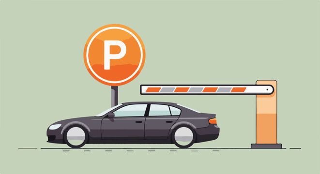 Vehicle at a parking lot entrance with a barrier and a 'P' sign