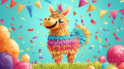 Fototapeta premium A vibrant llama celebrates a festive event with colorful decorations and confetti in a lively field.