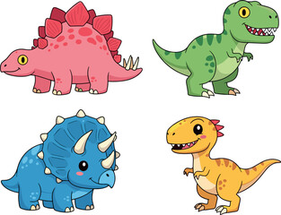 Cute Cartoon Dinosaur Set Featuring Stegosaurus Tyrannosaurus Triceratops and Baby Dino Characters Colorful Prehistoric Animal Illustration Collection © DarparajDab