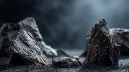 Fototapeta premium Textured dark rocks on a moody background with soft lighting and shadows.