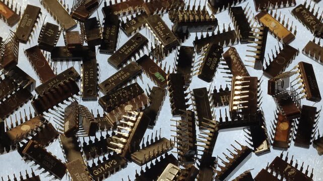 Top down macro of rotating TTL integrated circuit chips pile. Professional dual lighting with cold and warm key lights, backlit semiconductor components 