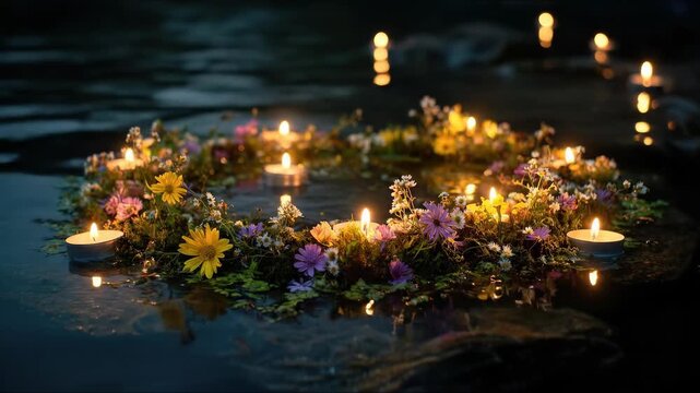 Slavic pagan holiday, traditional ritual, beautiful floral wreath with candles gracefully floating on dark water, spiritual summer solstice celebration, ancient folk custom
