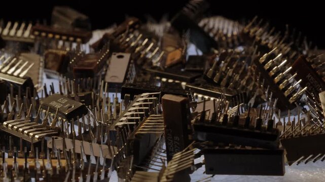 Macro of TTL integrated circuits rotating on turntable, side view, bright yellow keylight, cold backlight, bokeh and shallow DOF