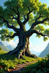 Fototapeta premium Ancient oak, gnarled branches reaching skyward, strong, giant, landscape