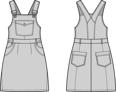 Technical fashion flat sketch of women's denim pinafore dress, front and back view vector illustration