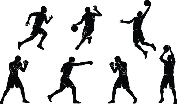 Collection of black silhouettes featuring basketball players in action poses including dunking and shooting alongside boxers in fighting stances and throwing powerful punches
