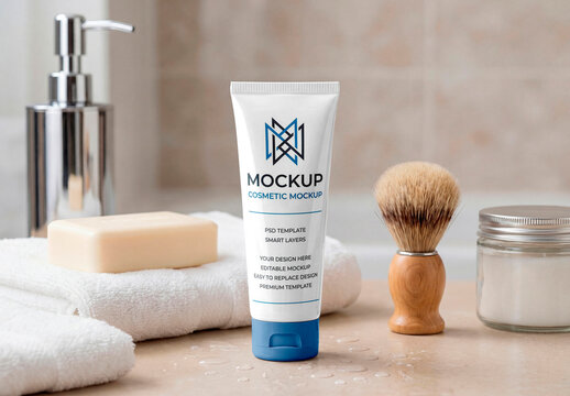 Cosmetic tube mockup with grooming accessories in bathroom