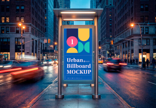 Bus stop billboard mockup in urban street at dusk