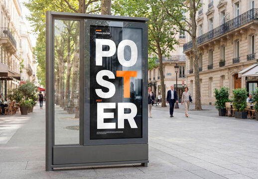 Outdoor advertising display mockup on european street
